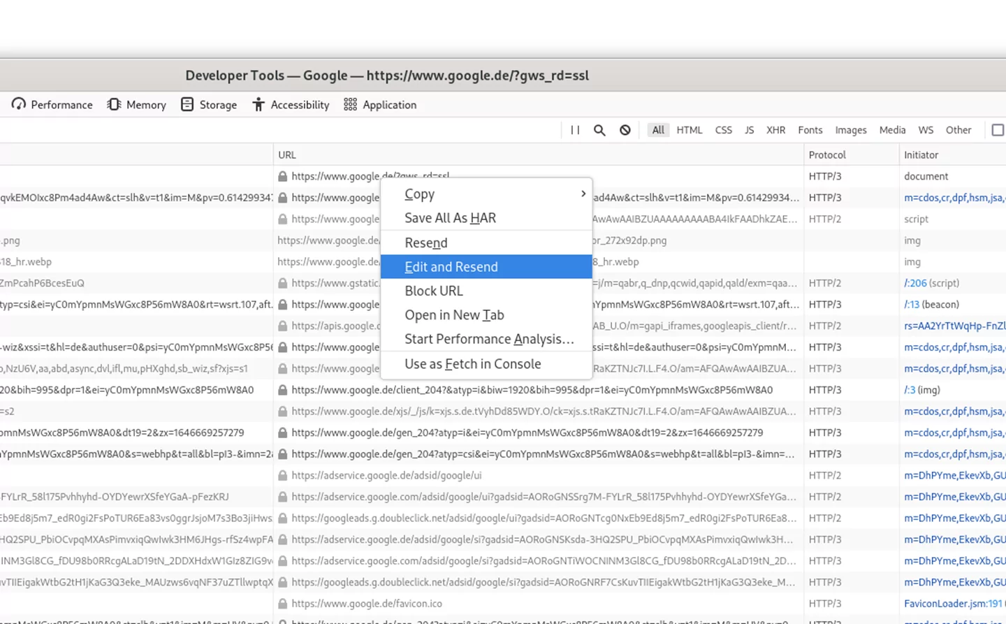 Screenshot der Browser-Entwicklertools mit Kontextmenü „Edit and Resend“