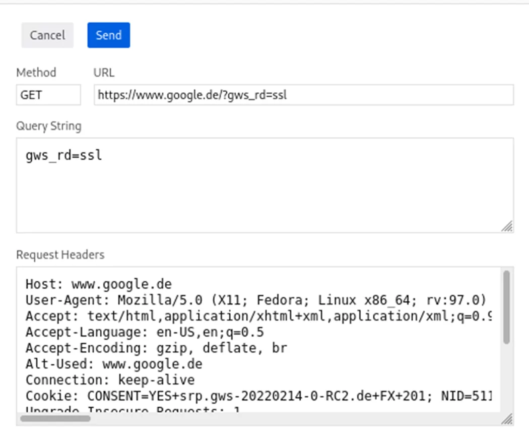 Screenshot: HTTP-Request mit Methode, URL und Request-Headern bearbeiten