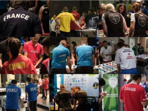 Collage: Spielerinnen und Spieler verschiedener Nationen bei der Kicker-WM