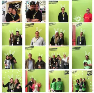 Fotobox-Collage von Teilnehmenden der Kicker-WM vor grüner Wand