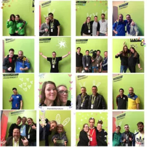 Fotobox-Collage von Teilnehmenden der Kicker-WM vor grüner Wand