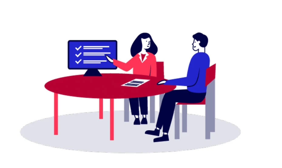 Illustration: zwei Personen im Gespräch an einem Besprechungstisch
