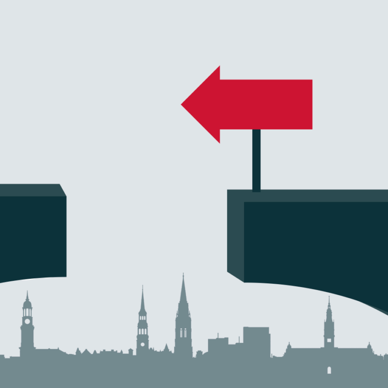 Illustration: Brücke mit Lücke und rotem Pfeil vor der Hamburger Skyline